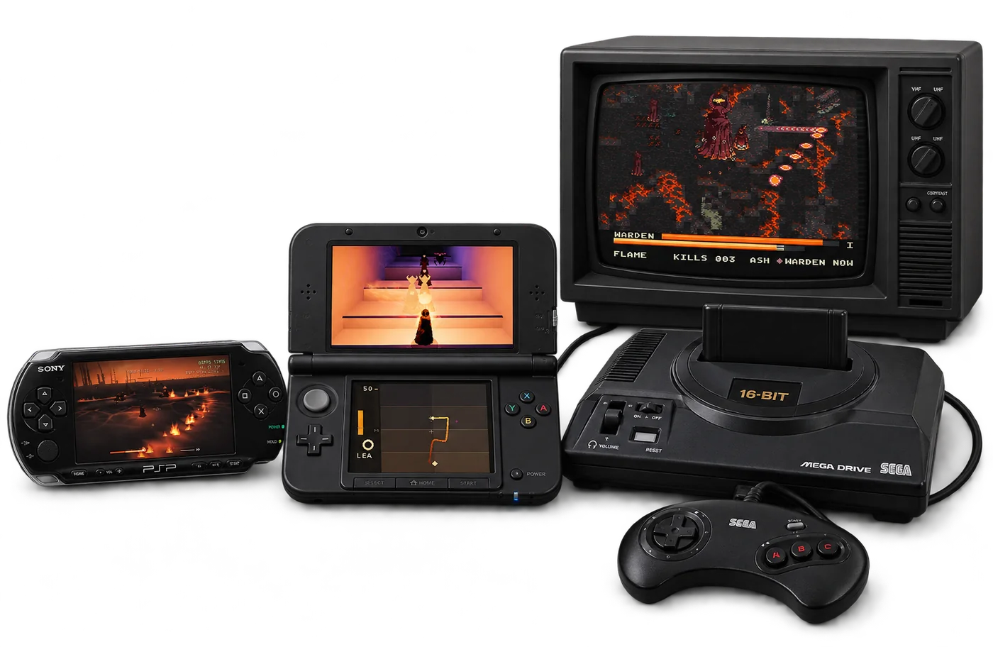 HELL IS FUEL on a PSP, a New 3DS and a Sega Mega Drive